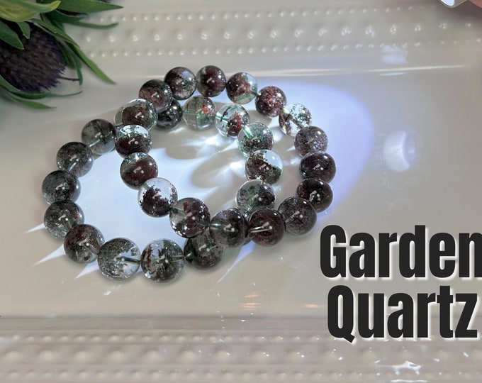 Garden Quartz Bracelet, Inclusion Quartz, Lodolite, Round Beads 12-13mm, Garden Quartz Crystal Bracelet