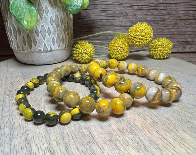 Yellow and Black Jasper Bracelet, Yellow Black Jasper Bracelet, 7mm or 9mm or 10mm Rounds Beads