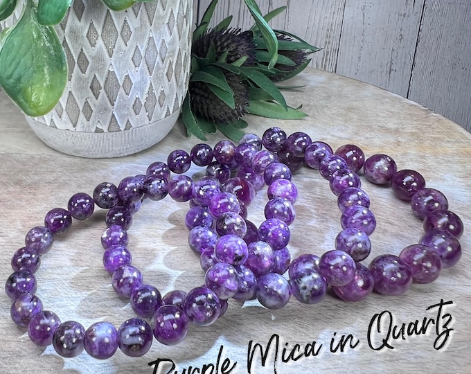Purple Emerald Quartz Bracelet, Purple Lepidolite with Mica Bracelet, Purple Mica in Quartz Crystal Bracelet, 9-10mm or 11-12mm Round Beads