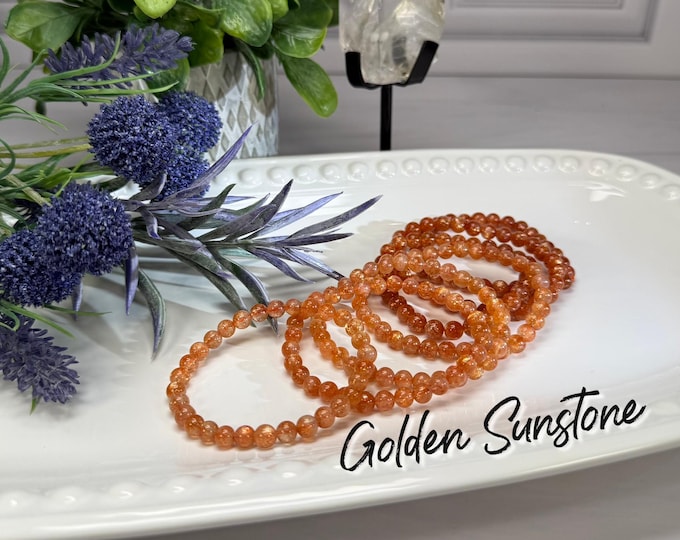 Sparkly Golden Sunstone Bracelet, Golden Sunstone, Rainbow Confetti Sparkles, 6-7mm Round Beads