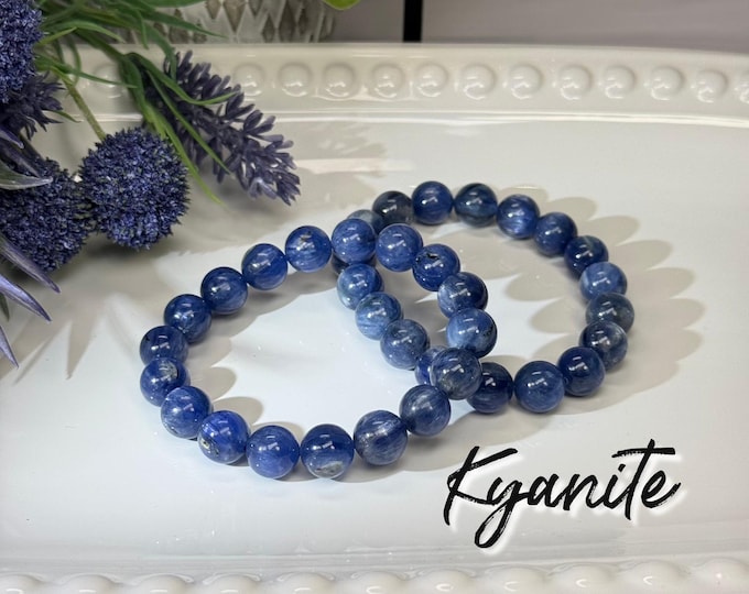 Kyanite Bracelet, Blue Kyanite with Cat Eye Flash, 11mm Round Bead, Flashy Crystal Gemstone Bracelet