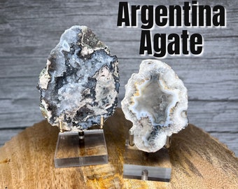 Argentina Agate Slab, Agate Slice, Polished Agate Slice with Acrylic Metal Stand, Stability - Balance - Clarity