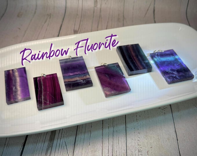Rainbow Fluorite Pendant, Large Rectangle Fluorite Crystal Pendant, s925 Silver Clasp