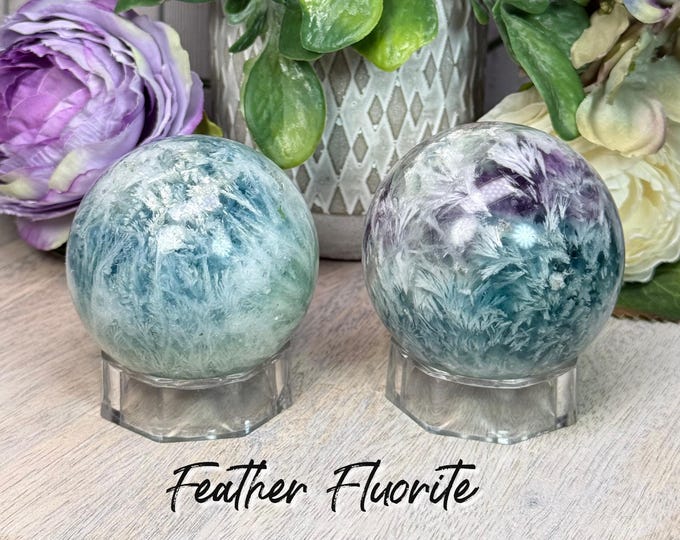 Beautiful Feather Fluorite Sphere, Blue Green Purple Fluorite Sphere, Feather Fluorite Crystal Sphere - Stand Included