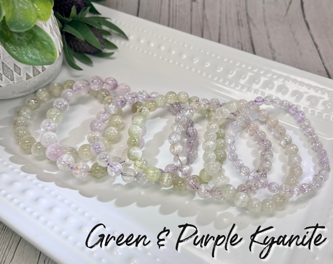 Purple and Green Kunzite Bracelet, Cat Eye Kunzite Crystal Bracelet, Round Beads