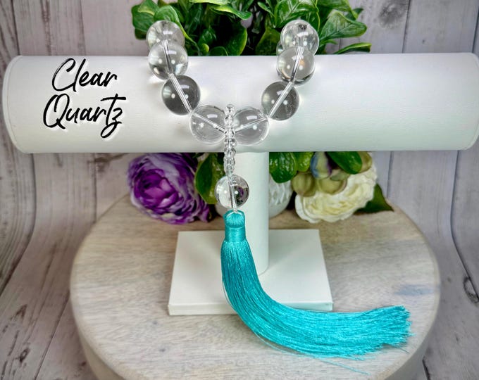 Beautiful Clear Quartz Hand Mala with Turquoise Tassel, 18mm Bead Hand Mala, Prayer/Meditation Beads