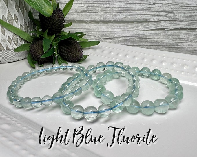 Light Blue Fluorite Bracelet, Clear Light Blue Fluorite, Blue Crystal Bracelet, 7mm 9mm 10mm Round Beads