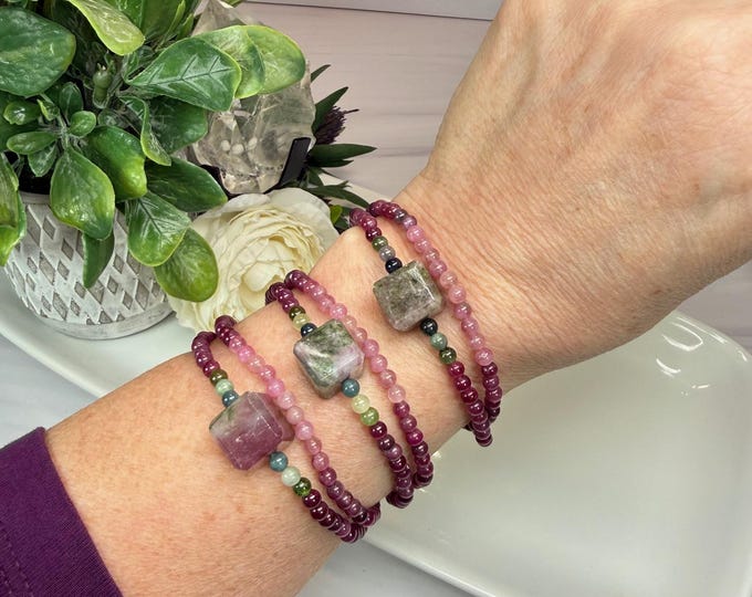 Watermelon Tourmaline Cube Wrap Bracelet, Fits Wrist Size Up to 7.25", 3-4mm Round Beads, 12mm x 12mm Cube Bead