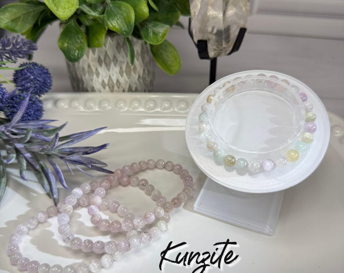 Icy Kunzite Bracelet, Cat Eye Kunzite Crystal Bracelet, 6-7mm Round Beads