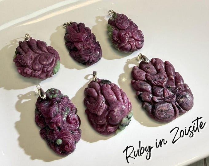 Ruby in Zoisite Pendant, Nine-Tailed Fox, Anyolite, UV Reactive Crystal, 925 Silver Clasp