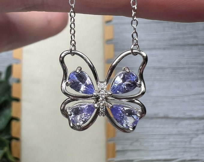 Tanzanite Butterfly Pendant Necklace, Tanzanite Crystal, Crystal Butterfly Necklace, 925 Sterling Silver with attached 16"-18" Chain