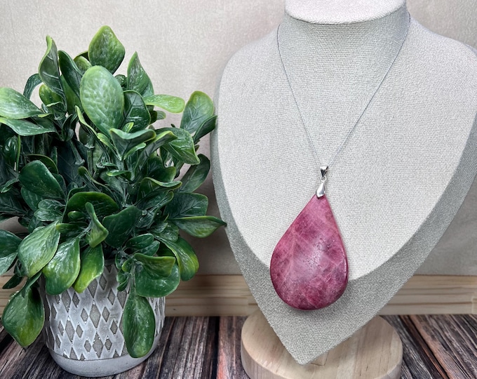 Large Red Rhodonite Pendant, Rhodonite Pendant, Pink Red Crystal Pendant, 925 Silver Clasp