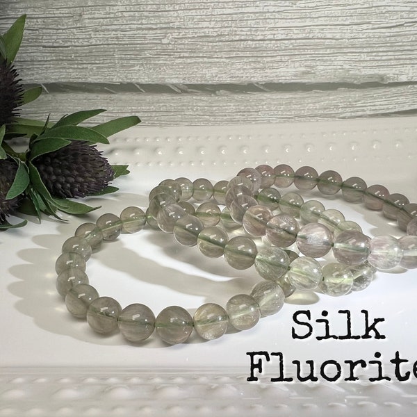 Silk Fluorite Bracelet, Light Green Purple Silk Fluorite Bracelet, Round Beads 9-10mm