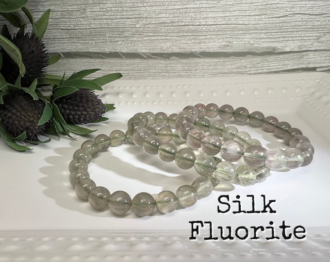 Silk Fluorite Bracelet, Light Green Purple Silk Fluorite Bracelet, Round Beads 9-10mm