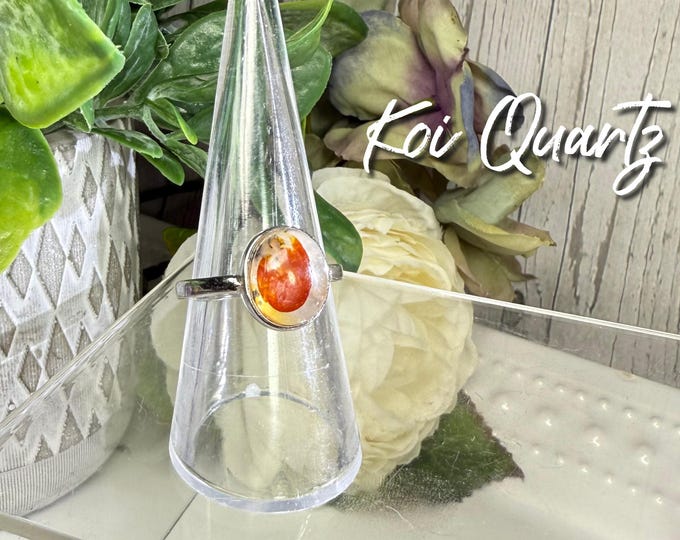 Koi Fish Quartz Ring, Koi Quartz, Hematoid Golden Healer, Rainbow Inclusions, 925 Silver Adjustable Ring