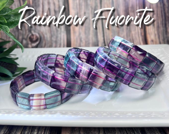 Rainbow Fluorite Bracelet, Rainbow Fluorite Soft Bangle Bracelet, Rainbow Fluorite Stretchy Bracelet, Rectangle Beads (6)
