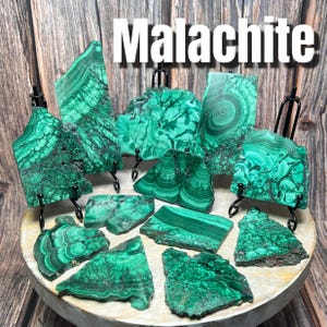 May include: A collection of polished malachite stones, each with unique patterns and swirls of green. The stones are displayed on small black metal stands.
