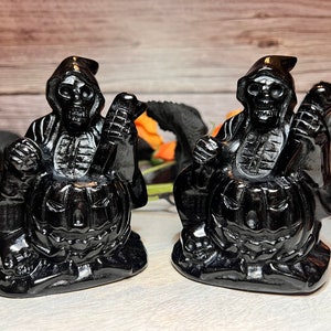 Black Obsidian Grim Reaper with Pumpkin Cauldron Carving, Black Obsidian Grim Reaper Carving, Polished Carving, Halloween Crystal Carving