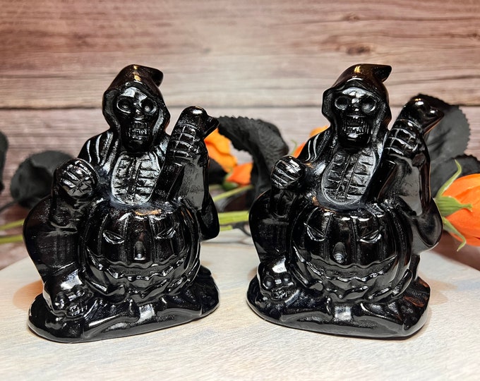 Black Obsidian Grim Reaper with Pumpkin Cauldron Carving, Black Obsidian Grim Reaper Carving, Polished Carving, Halloween Crystal Carving