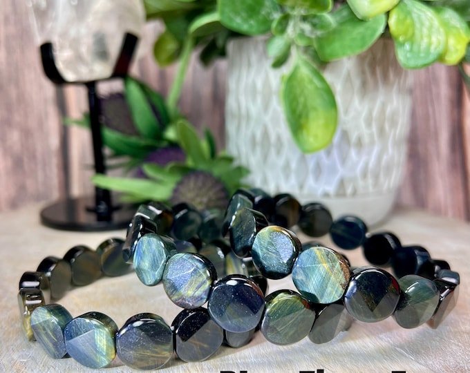 Blue Tiger Eye Bracelet, Blue Tiger Eye Soft Bangle Circular Bead Bracelet, Stretchy Bangle Bracelet