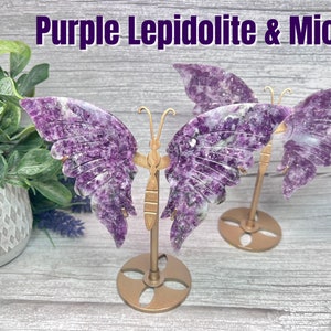 Purple Emerald Quartz Butterfly Wings, Gemmy Purple Lepidolite with Flashy Mica, Lepidolite with Mica in Quartz, Custom Metal Stand