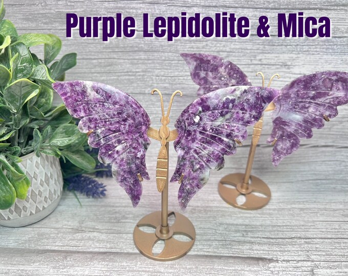 Purple Emerald Quartz Butterfly Wings, Gemmy Purple Lepidolite with Flashy Mica, Lepidolite with Mica in Quartz, Custom Metal Stand