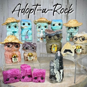 May include: A collection of carved stone figures, each with unique features, including glasses, hats, and miniature Starbucks cups. The text "Adopt-a-Rock" is displayed at the top. The figures are in various colors, including blue, pink, and brown.