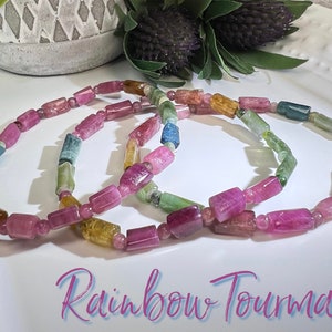 Rainbow Tourmaline Bracelet, Small Beads, Polished Raw Tourmaline Bracelet, Pink Green Blue Yellow Tourmaline
