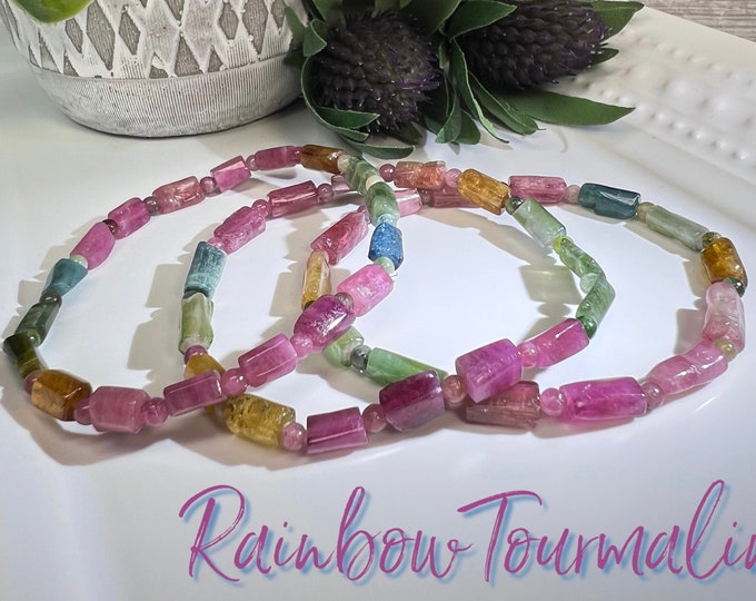 Rainbow Tourmaline Bracelet, Small Beads, Polished Raw Tourmaline Bracelet, Pink Green Blue Yellow Tourmaline