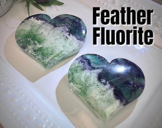 Beautiful Feather Fluorite Palm Heart, Blue Purple Green Feather Fluorite Heart, Fluorite Crystal Heart
