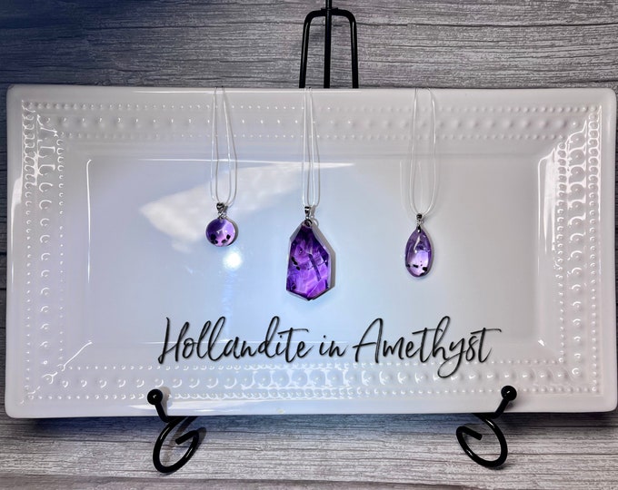 Hollandite in Amethyst Pendant, Amethyst with Hollandite, Sea Urchin Quartz, Star Hollandite, 925 Sterling Silver Clasp