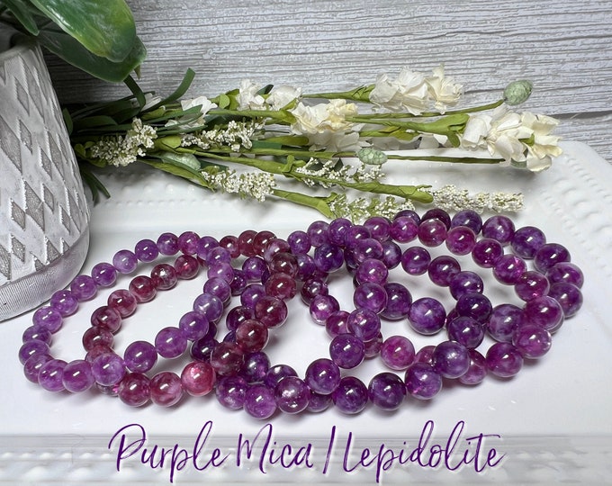 Purple Emerald Quartz Bracelet, Purple Lepidolite with Mica Bracelet, Lepidolite with Mica Crystal, 8-9mm, 9-10mm, 11-12mm Round Beads