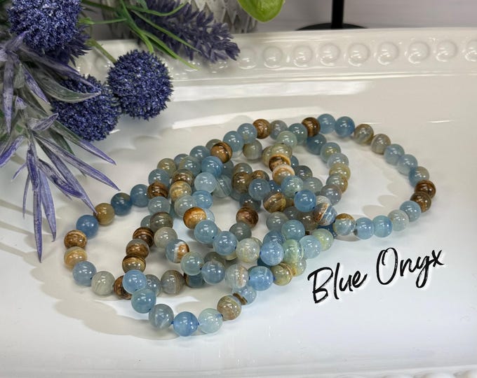 Blue Onyx Bracelets, Chalcedony, Grounding & Stabilizing, 8-9mm Round Beads