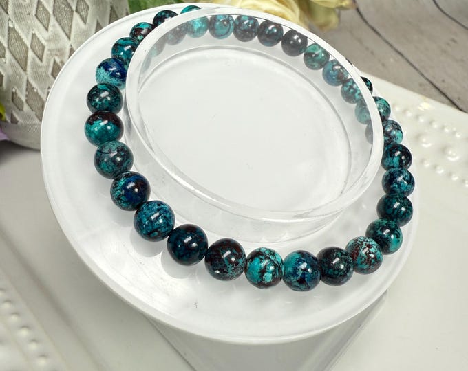 Azurite Chrysocolla Bracelet, Azurite and Chrysocolla, 6.8mm Round Beads