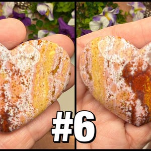 May include: Two heart-shaped stones with a mix of colors, including red, yellow, and white, are held in a hand. The stones have a natural, textured appearance. The number "#6" is displayed in a white and black font at the bottom.