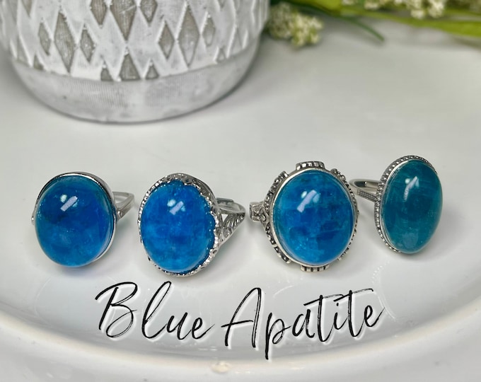 Gemmy Blue Apatite Ring, Blue Apatite Crystal, Blue Apatite Ring, 925 Silver Adjustable Band