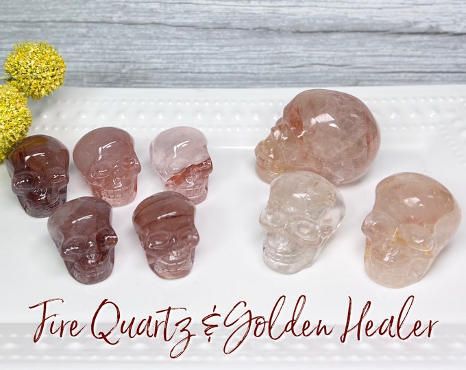 Small Fire Quartz and Golden Healer Skull Carving, Mini Fire Quartz Skull Carving, Mini Golden Healer Skull Carving