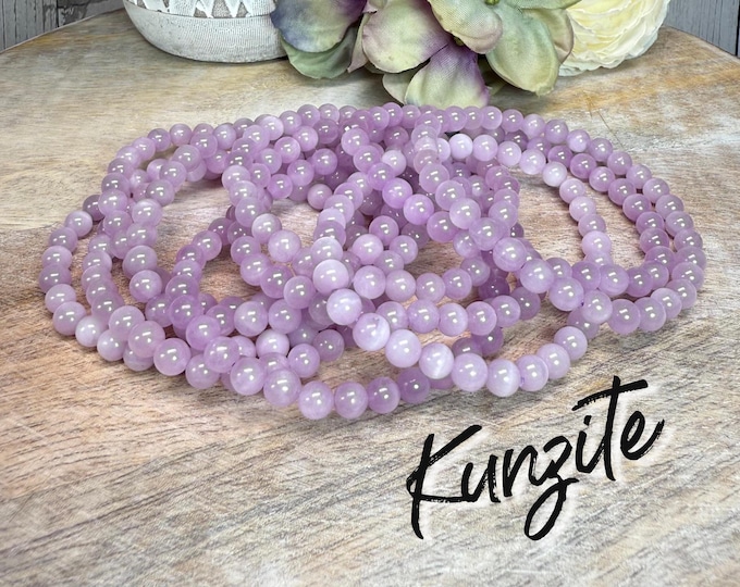 Kunzite Bracelet, Cat Eye Purple Kunzite Crystal Bracelet, 5-6mm Round Beads