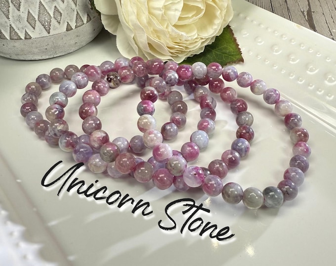 Unicorn Stone Bracelet, Pegmatite, Pink Tourmaline, Lepidolite, Smoky Quartz, 7mm Round Beads