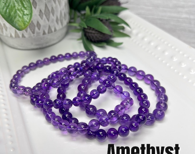 Amethyst Bracelet, 6-7mm or 7-8mm Round Bead, Clear Purple Amethyst Quartz Crystal Bracelet, Healing Crystals (3)