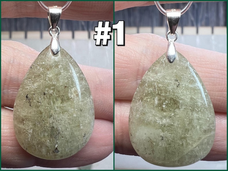 Green Kunzite Pendant, Kunzite Crystal Pendant, Cat Eye Kunzite, 925 Silver Clasp Pendant #1
