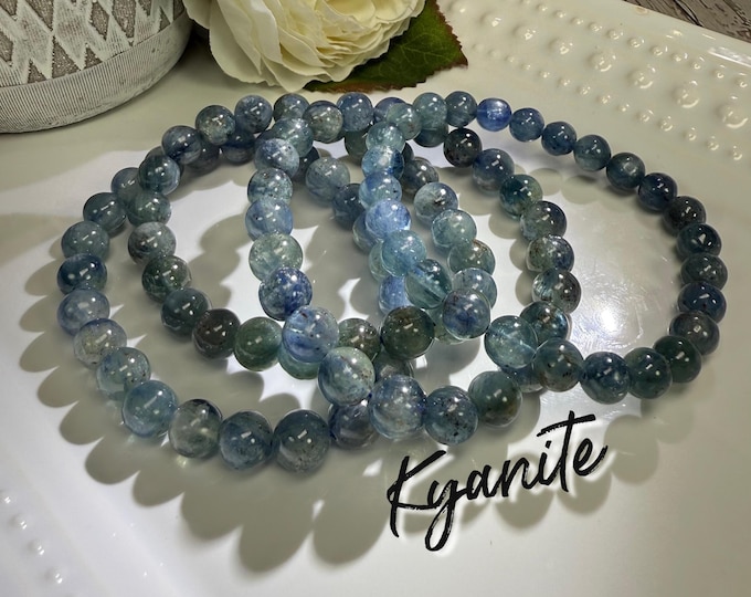 Kyanite Bracelet, Blue Kyanite Crystal Bracelet, 7-8mm or 8-9mm Round Beads
