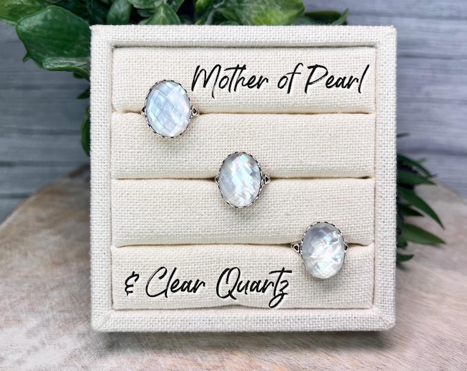 Beautiful Mother of Pearl with Clear Quartz Ring, Mother of Pearl with Clear Quartz Overlay, 925 Silver Adjustable Ring Setting