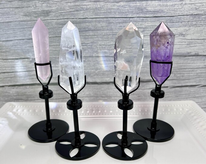 Double Terminated Crystal Carving on Custom Metal Spinning Stand, Rose Quartz DT - Clear Quartz Multi Facet DT - Amethyst DT