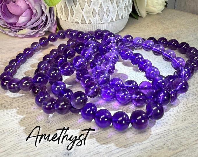 Amethyst Bracelet, Uruguay Amethyst Crystal Bracelet, Healing Crystals, 8-9mm Round Beads