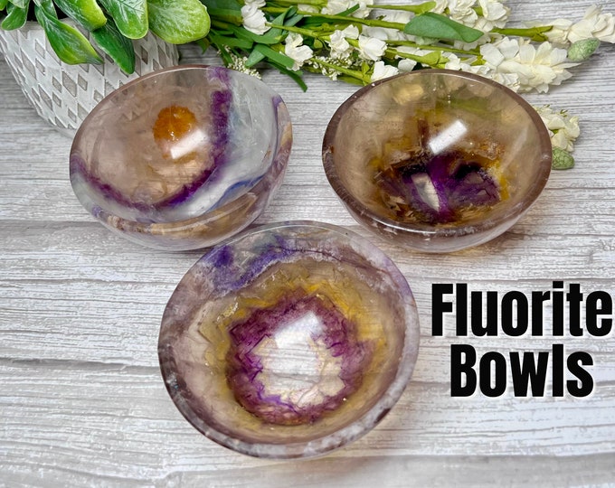 Fluorite Bowl, Yellow Purple Fluorite Bow, Fluorite Dish