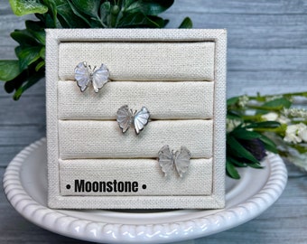 Beautiful Moonstone Butterfly Ring with Blue Flash, Moonstone Butterfly Ring, 925 Silver Adjustable Band