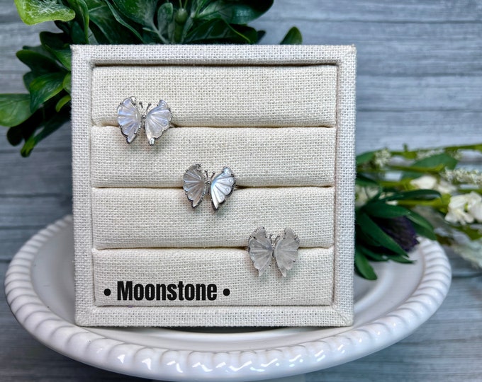 Beautiful Moonstone Butterfly Ring with Blue Flash, Moonstone Butterfly Ring, 925 Silver Adjustable Band