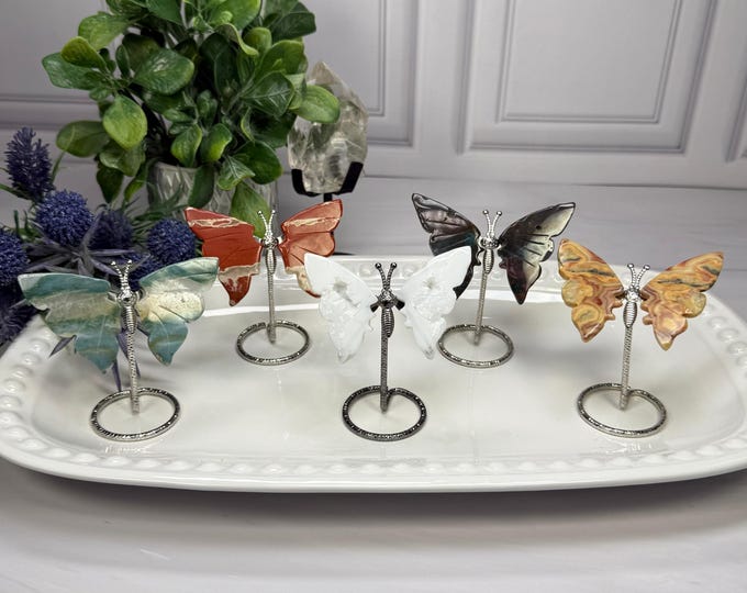Small Crystal Butterfly on Stand, Crystal Butterfly Wings on Metal Stand, Ocean Jasper - Red Jasper - White Agate - Crazy Lace Agate
