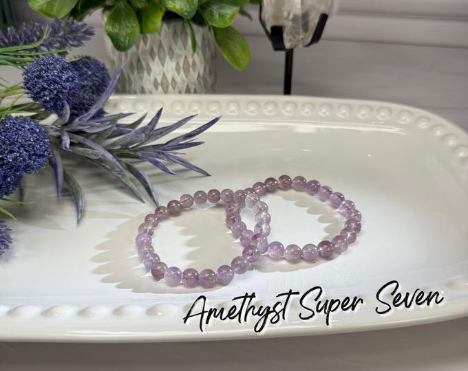 Amethyst Super Seven Bracelet, Amethyst Super 7, 7-8mm Round Beads, Elastic & Stretchy